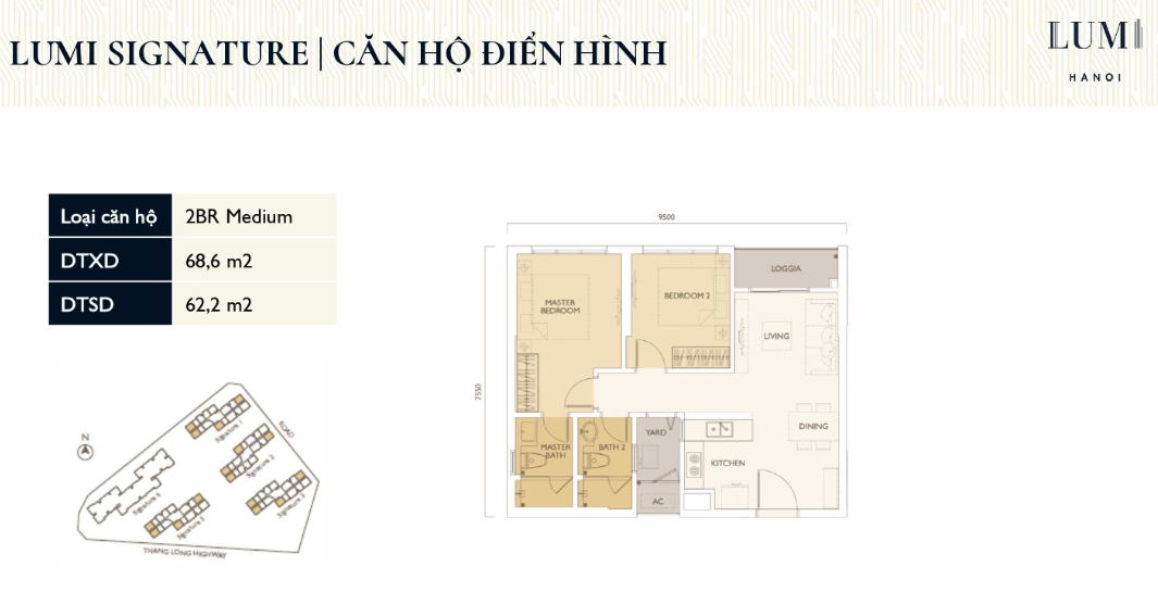 Layout Căn hộ 2 PN Medium Chung cư Lumi Hà Nội